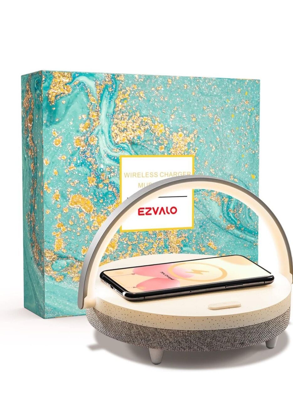 EZVALO Music Table Lamp with Wireless Charger, 4 in 1 Touch Bedside Lamp, Portab